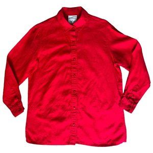 Westbound 100% Linen Tunic Button Front Top Embroidered Long Sleeve Blouse Red M